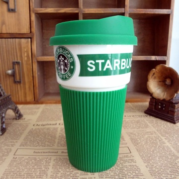  星巴克风格杯子 带盖骨瓷咖啡杯 隔热马克杯 创意随行杯(绿色)