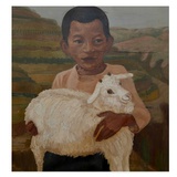 孙逊 《抱羊的小孩》布面油画