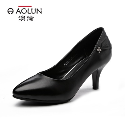 澳伦女鞋通勤真皮尖头正装工作鞋OL职业黑色