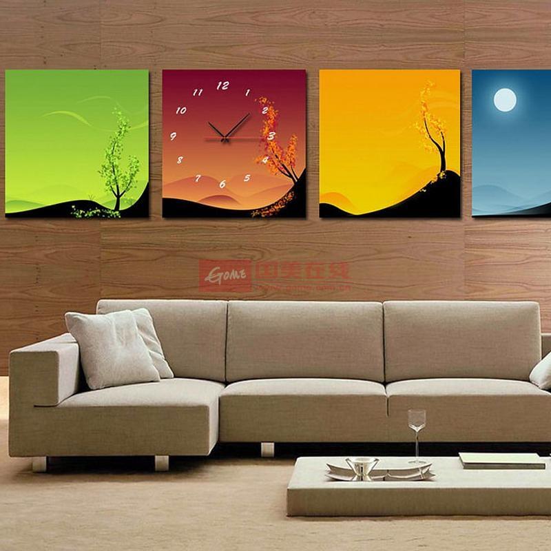 现代无框画四联 静音挂钟 春夏秋冬客厅装饰画 卧室简约墙画 40*40cm