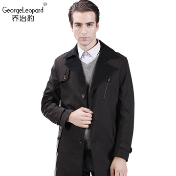 乔治豹新款男士风衣 中长款外套男休闲韩版修身英伦大衣外套薄(黑色 190/3XL)