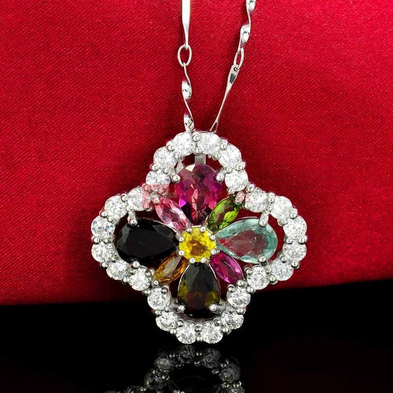 梦克拉mkela925泰银碧玺花形项坠心花怒放时尚女碧玺吊坠彩色宝石吊坠