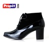 波派Proet女士皮短靴时尚真皮头层牛皮拼接高跟女短靴PW16701(09黑色 34)