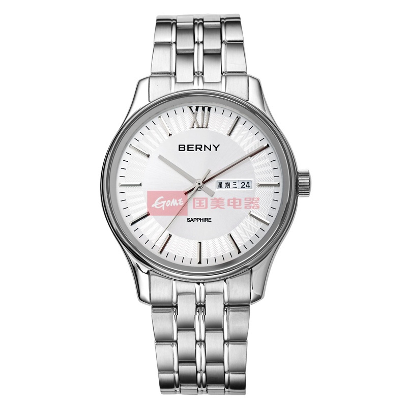 【伯尼2743m-b国产品牌表图片】伯尼berny手表简约时尚双历钢带石英男