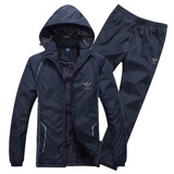 Adidas/2015年秋季新款阿迪达斯男子套装三叶草连帽开衫拉链卫衣外套套装(深蓝色 L)