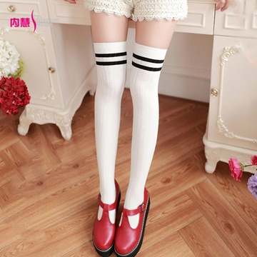 春秋季女学生日系长筒高筒大腿袜半截竖条纹过膝袜子 wz0019(白色)
