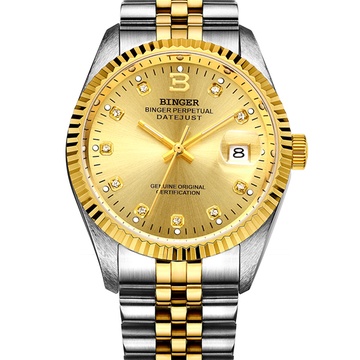 宾格(binger)手表全自动机械表镶钻情侣对表商务精钢防水背透镂空男表